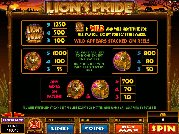 Lions Pride pay table screenshot